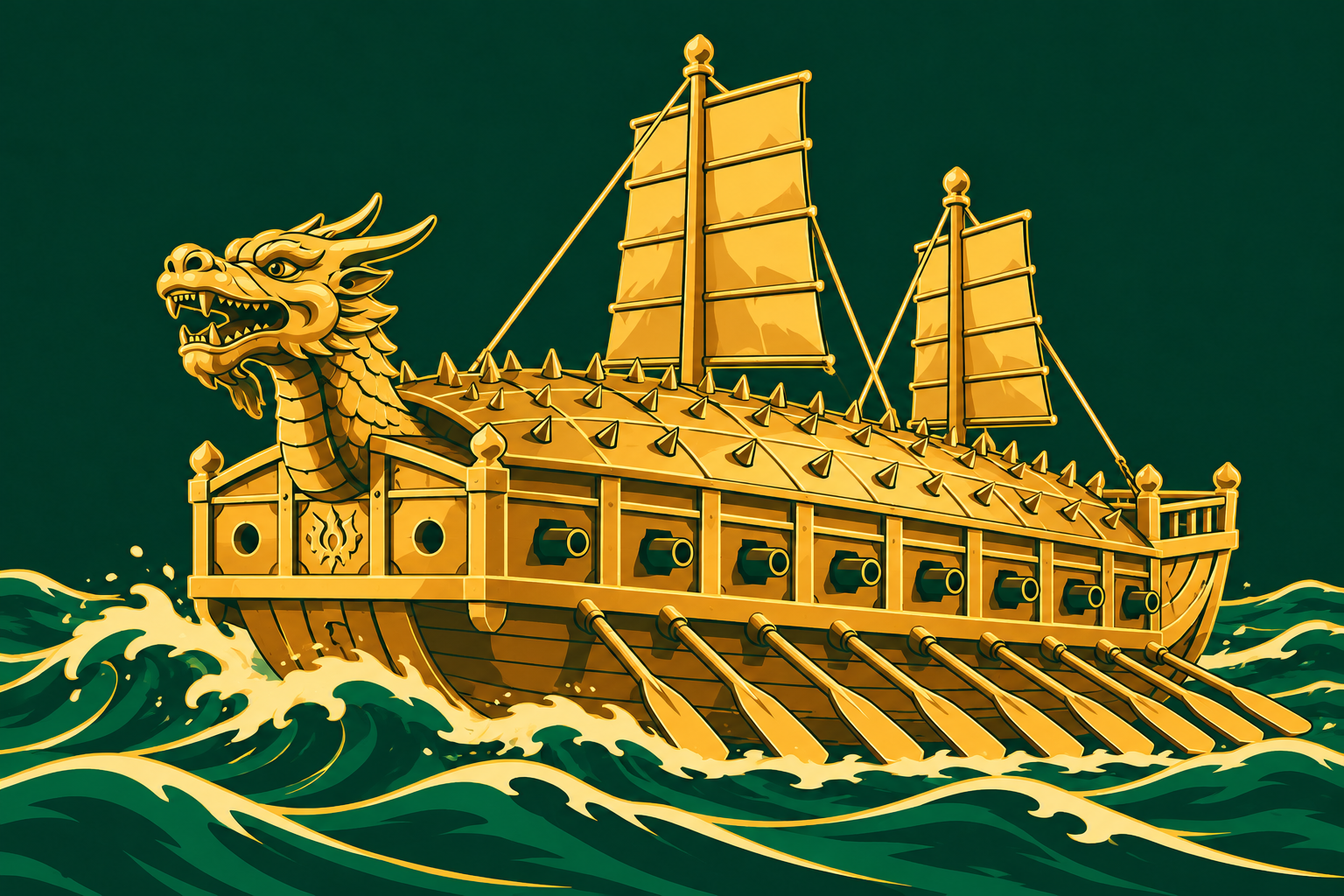 Anime-style Korean turtle ship with bold gold outlines and golden sails sailing through stylized emerald waves
